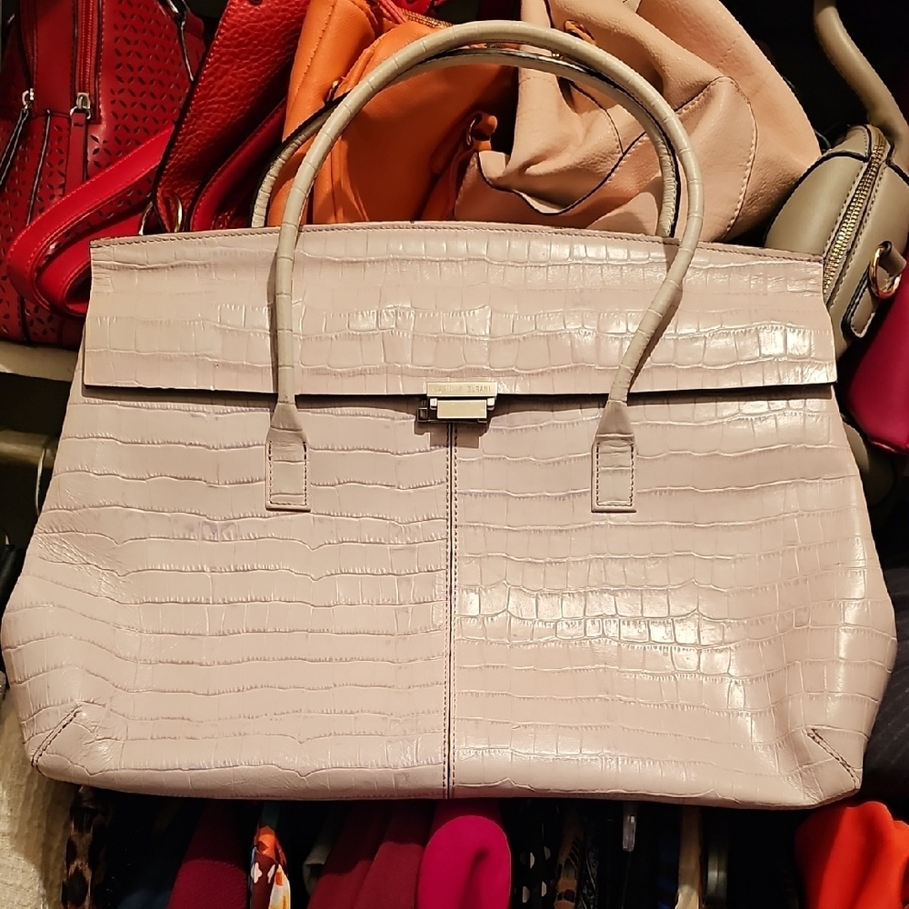 Mariella Burani Cream/pinkish Crocodile-Embossed Satchel with Metallic Clasp